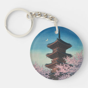 Antieke Japanse Houtblokdruk Lentebloesem Pagode Sleutelhanger