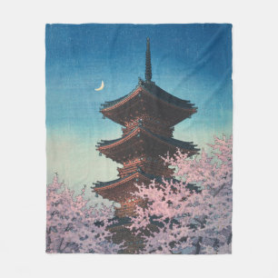Antieke Japanse Houtsnede Lente Avond Pagode Fleece Deken
