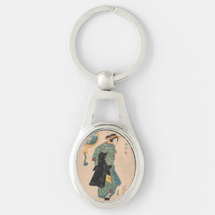 Antieke Japanse Kimono Vrouw Ukiyo-e Houtsnede Sleutelhanger