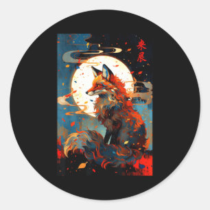 Antieke Japanse Kunst Vos In De Maan Nacht Landsch Ronde Sticker
