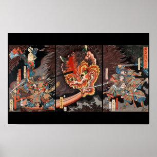 Antieke Japanse Triptiek: Samurai vs. Oni Koning Poster