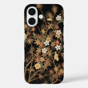 Antieke Japanse Zwart Gouden Herfst Bloem Kunst iPhone 16 Hoesje