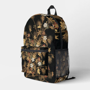 Antieke Japanse Zwarte Gouden Herfst Bloem Kunst Bedrukte Rugzak