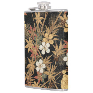 Antieke Japanse Zwarte Gouden Herfst Bloem Kunst Heupfles