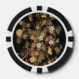 Antieke Japanse Zwarte Gouden Herfst Bloem Kunst Poker Chips