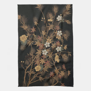 Antieke Japanse Zwarte Gouden Herfst Bloem Kunst Theedoek