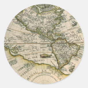Antieke kaart, 1596, America Sive Novus Orbis Ronde Sticker