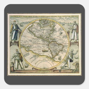 Antieke kaart, 1596, America Sive Novus Orbis Vierkante Sticker