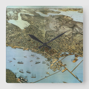 Antieke kaart Luchtfoto van de stad Seattle Washin Vierkante Klok