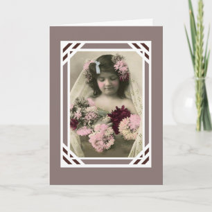 Antieke kaart meisje met bloemen