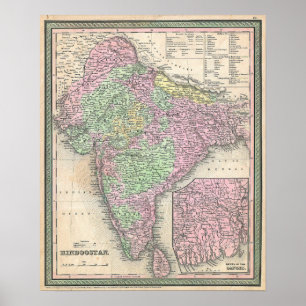 Antieke kaart van India, 1853 Poster