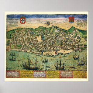 Antieke kaart van Lissabon, Portugal door Braun/Ho Poster