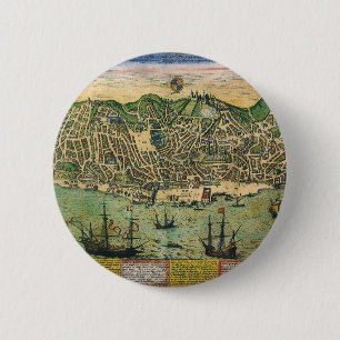 Antieke kaart van Lissabon, Portugal door Braun/Ho Ronde Button 5,7 Cm
