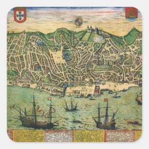 Antieke kaart van Lissabon, Portugal door Braun/Ho Vierkante Sticker