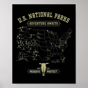 Antieke kaart van nationale parken - Amerikaans Wa Poster