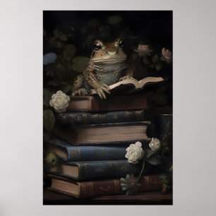 Antieke kikker bloem boeken print, groene pad heks poster