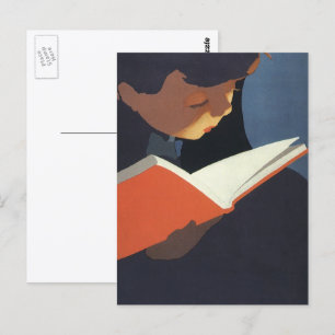 Antieke kind dat een boek leest uit de bibliotheek briefkaart