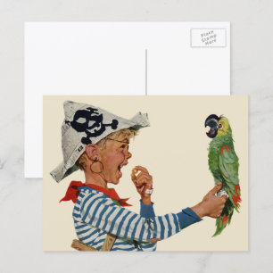 Antieke kind, jongen speelt piraten papegaai vogel briefkaart