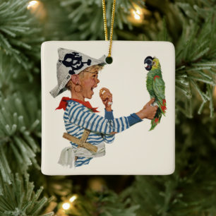 Antieke kind, jongen speelt piraten papegaai vogel keramisch ornament