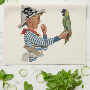 Antieke kind, jongen speelt piraten papegaai vogel theedoek