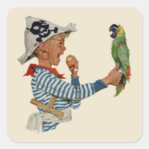 Antieke kind, jongen speelt piraten papegaai vogel vierkante sticker