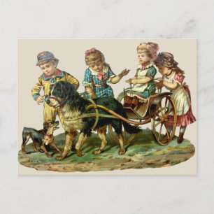 Antieke Kinderen en Hond Karretje Briefkaart