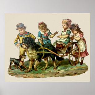 Antieke Kinderen en Hond Karretje Poster