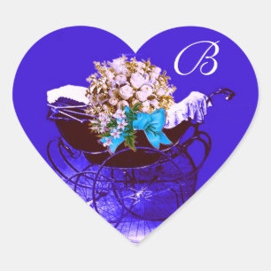 ANTIEKE KINDERWAGEN, BLOEMEN BABYSHOWER HART MONOG STICKER