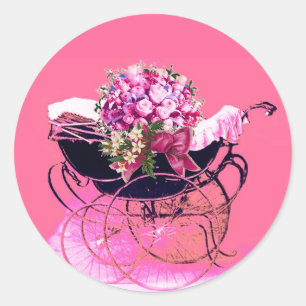 ANTIEKE KINDERWAGEN MET BLOEMEN BABYSHOWER RONDE STICKER