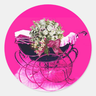 ANTIEKE KINDERWAGEN MET BLOEMEN BABYSHOWER RONDE STICKER
