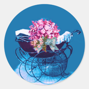 ANTIEKE KINDERWAGEN MET BLOEMEN BABYSHOWER RONDE STICKER