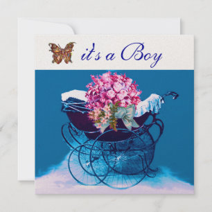 ANTIEKE KINDERWAGEN MET BLOEMEN, VLINDERS BABYSHOW KAART
