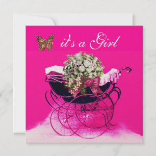 ANTIEKE KINDERWAGEN MET BLOEMEN, VLINDERS BABYSHOW KAART