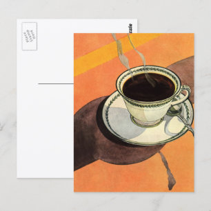 Antieke koffiekop, schotel, lepel, retro diner briefkaart