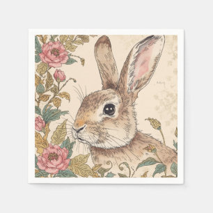 Antieke Konijn, Schattig Konijn, Bloemen Patroon Servet