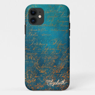Antieke koperen patina met turquoise kalligrafie iPhone 11 hoesje