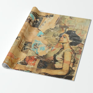 Antieke Kranten Vrouwen Sepia Blauw Retro Cadeaupapier
