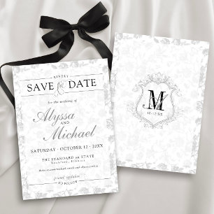 Antieke Kuif Monogram Zwarte Witte Bloemige Bruilo Save The Date