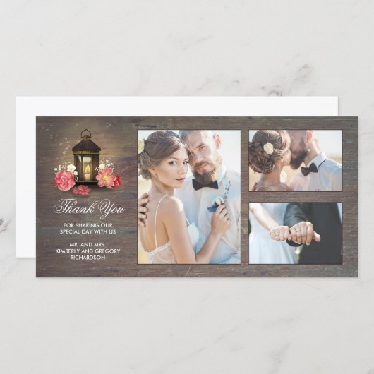 Antieke Lantaarn Landelijke Bloemige Houten Bruilo Bedankkaart (Voorkant / Achterkant)