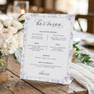 Antieke lavendel bloemen toile bar menu bruiloft reclamebord met voetstuk