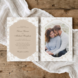 Antieke lijst Beige Tannish Toile Huwelijksfoto Kaart