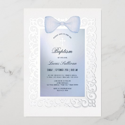 Antieke lijst blauwe strik doop folie uitnodiging (Voorkant)