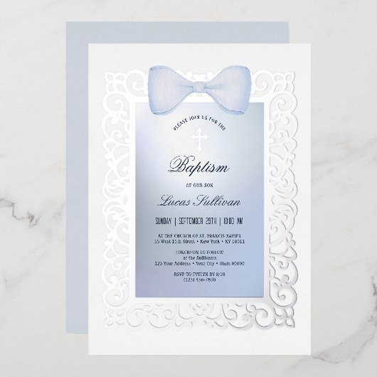 Antieke lijst blauwe strik doop folie uitnodiging (Voorkant / Achterkant)