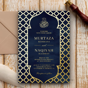 Antieke lijst Navyblauw Moslim Bruiloft Goud Folie Uitnodiging
