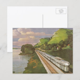 Antieke locomotief in het land, vakantie per trein briefkaart