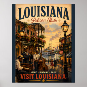 Antieke Louisiana-reisposter met jazzmuzikant Poster