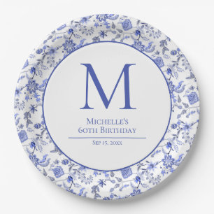 Antieke Monogram Blauwe Witte Bloemige Verjaardag Papieren Bordje