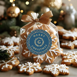 Antieke Monogram Krans Blauwe Geruite Kerstmis Ronde Sticker