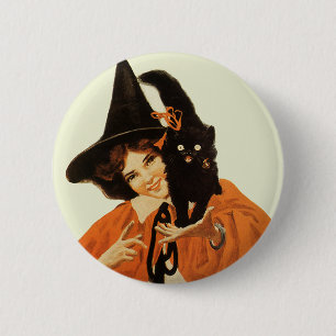 Antieke Mooie Heks met Knuffelige Zwarte Kat Ronde Button 5,7 Cm