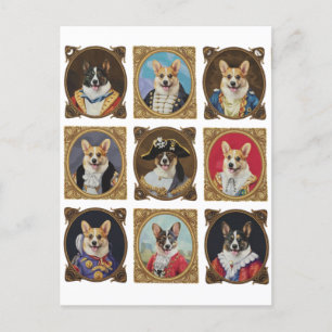 Antieke museumwand, grappige Corgi-hondenportrette Briefkaart